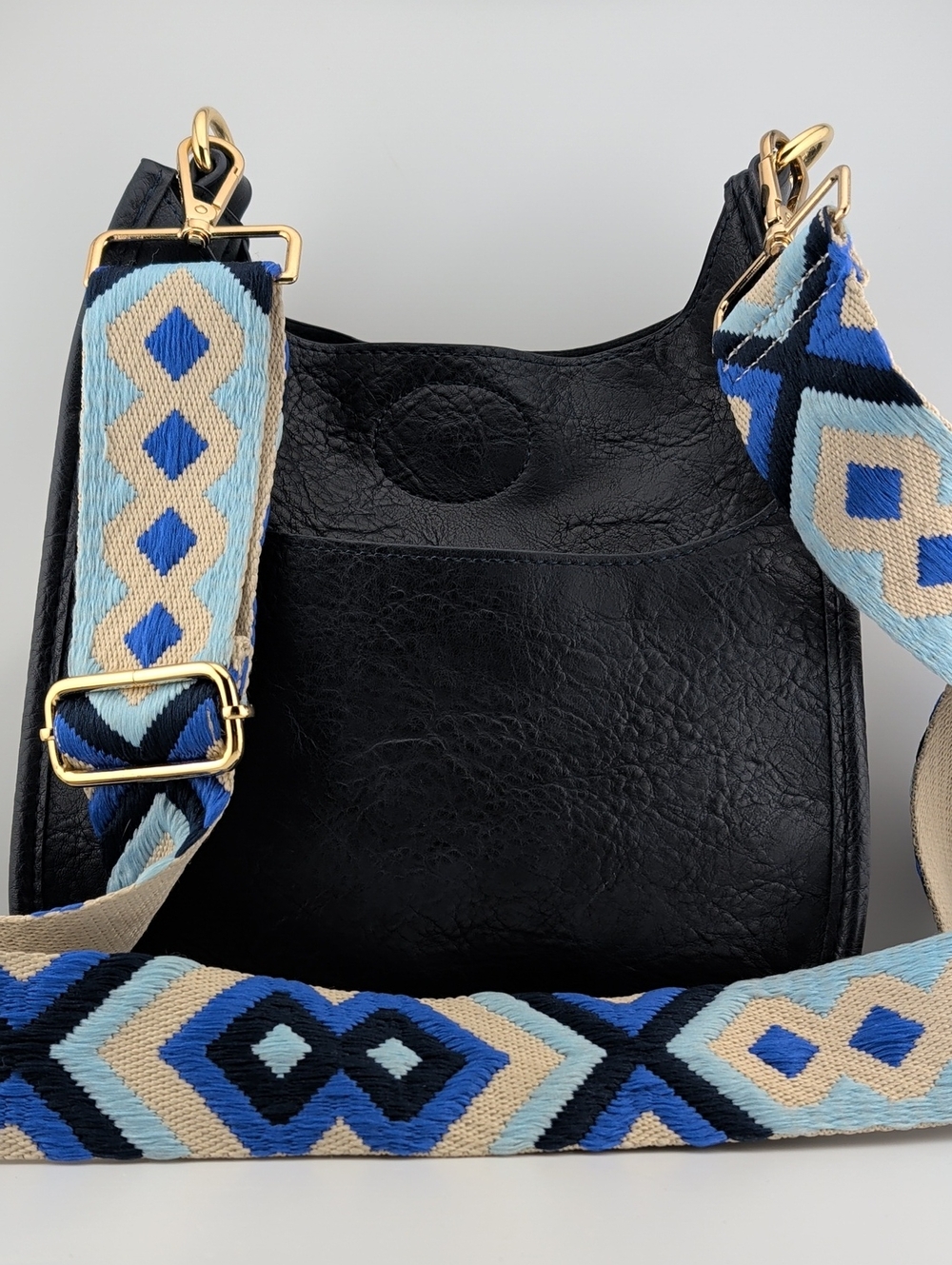 Black Leather Shoulder Bag with Patterned Blue Jacquard Strap